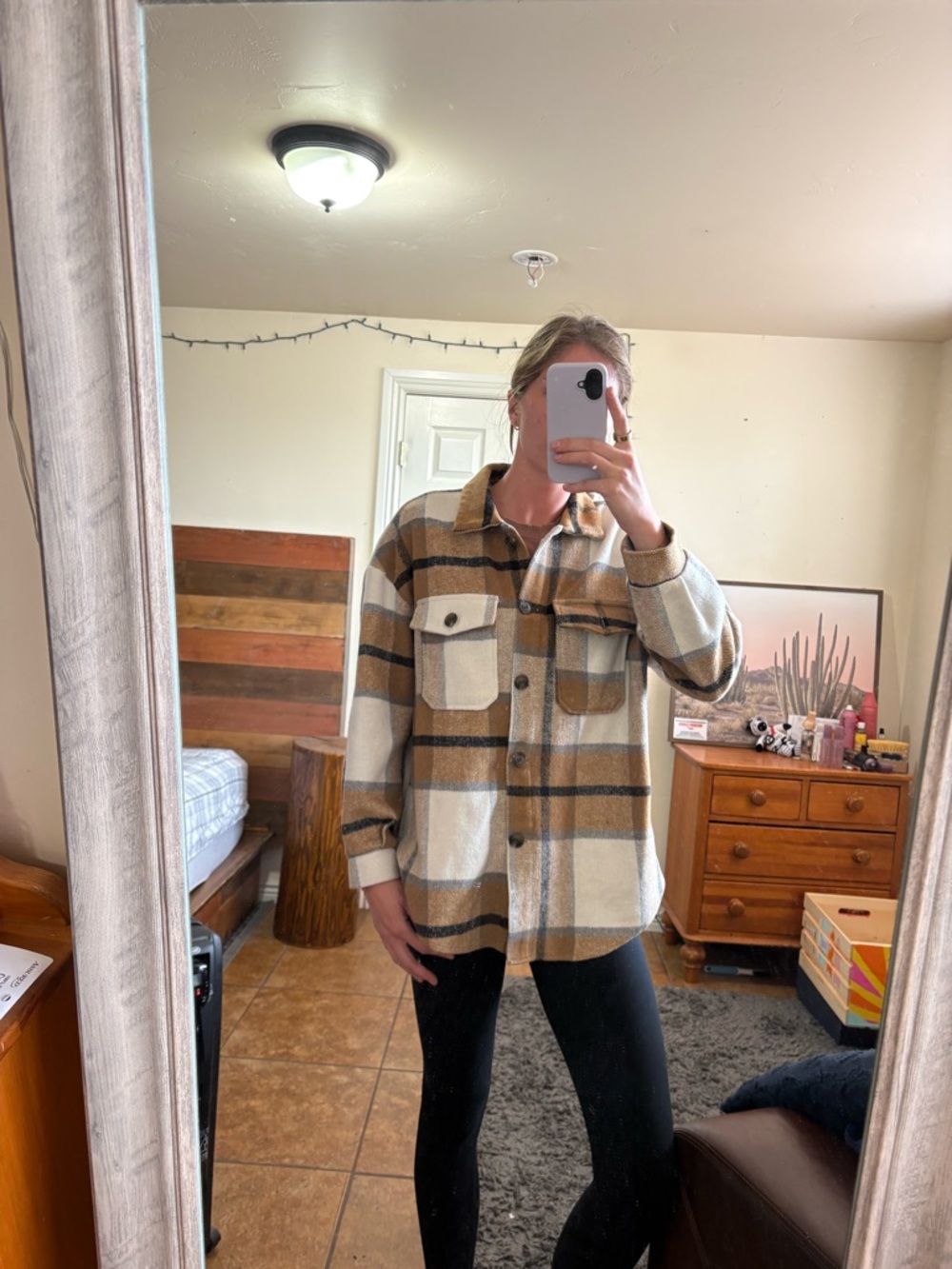 HYFVE Cream and Tan Plaid Button-Down Shacket